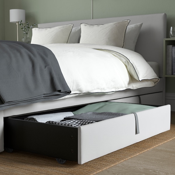 IKEA GLADSTAD upholstered bed, 2 storage boxes, Full Kabusa Light Gray, Ikea Ireland | 6730MYDVX