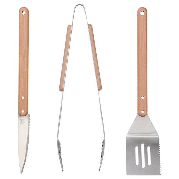 IKEA GRILLTIDER 3-piece barbecue tools set Stainless Steel / Beech, Ikea Ireland | 6471BUFNE