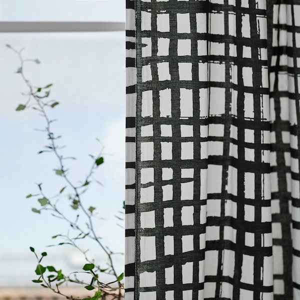 IKEA GRÖNKATTFOT curtains, 1 pair, white/black, 57x98 in, Ikea Ireland | 6203LJBTM