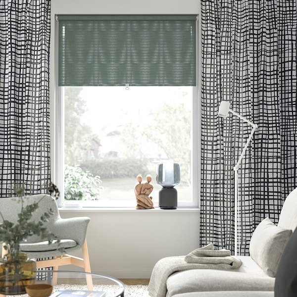 IKEA GRÖNKATTFOT curtains, 1 pair, white/black, 57x98 in, Ikea Ireland | 6203LJBTM
