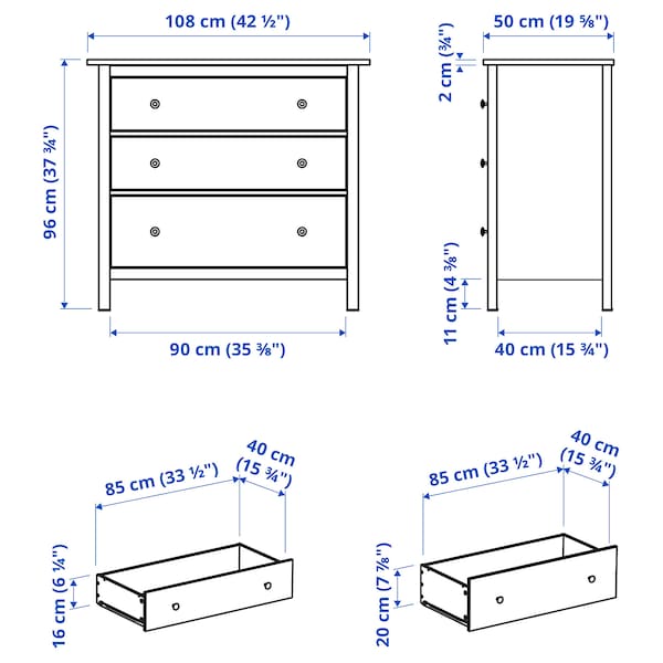 IKEA HEMNES 3-drawer chest, 42 1/2x37 3/4 in White Stain, Ikea Ireland | 6239JKHNE