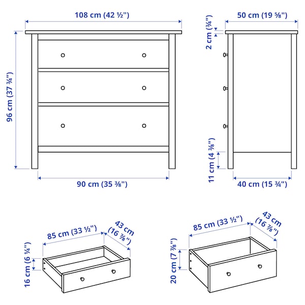 IKEA HEMNES 3-drawer chest, 42 1/2x37 3/4 in Black / Brown, Ikea Ireland | 4819MSKUH