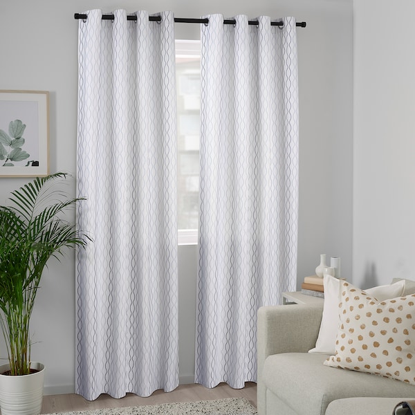 IKEA HENNY RAND curtains, 1 pair White / Dark Blue / Light Blue / Light Gray, Ikea Ireland | 1278HXCAG