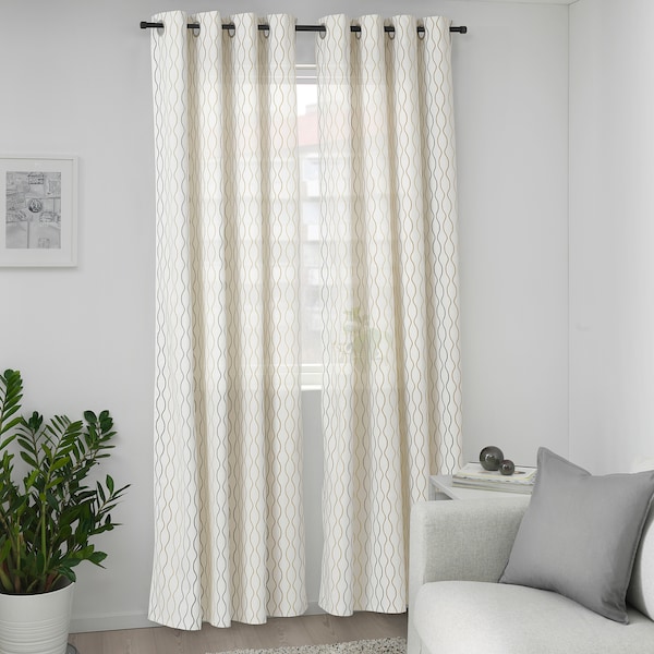 IKEA HENNY RAND curtains, 1 pair, white/gray yellow, 57x118 in, Ikea Ireland | 0253GLRHC