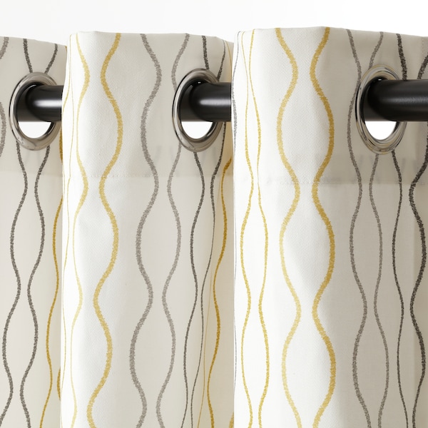 IKEA HENNY RAND curtains, 1 pair, white/gray yellow, 57x118 in, Ikea Ireland | 0253GLRHC
