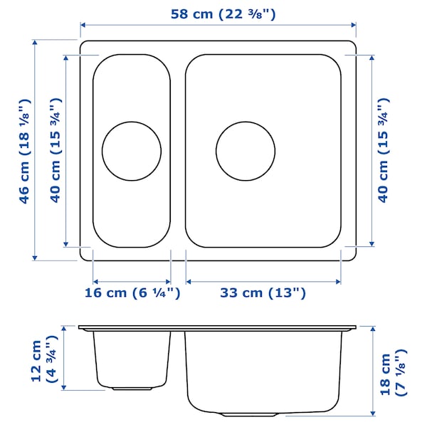 IKEA HILLESJÖN 1 1/2 bowl dual mount sink, stainless steel, 22 7/8x18 1/8 in, Ikea Ireland | 0259JEVGL