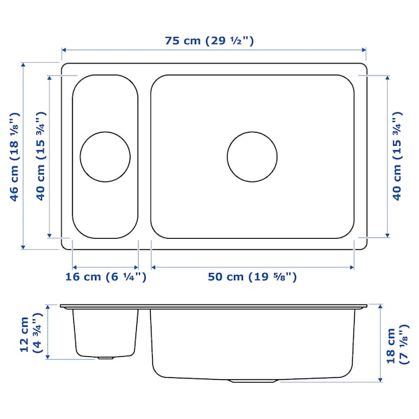 IKEA HILLESJÖN 1 1/2 bowl dual mount sink, stainless steel, 29 1/2x18 1/8 in, Ikea Ireland | 3140QMDJN