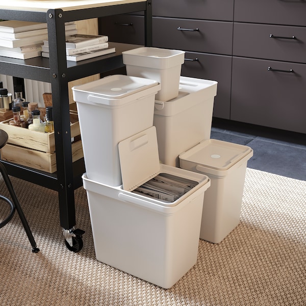 IKEA HÅLLBAR Bin with lid, light gray, Lower outer measure depth: 11 7/8 in, Ikea Ireland | 8471NFYPD