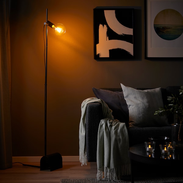 IKEA HÅRSLINGA / LUNNOM floor lamp with LED bulb Black / Clear Glass, Ikea Ireland | 2643BOKDG