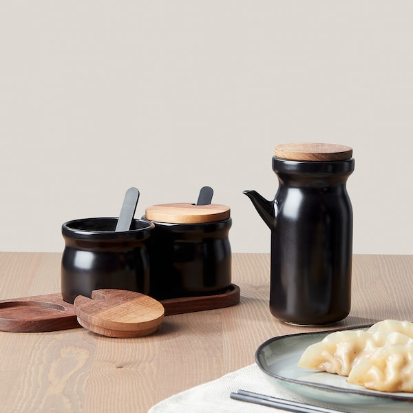 IKEA HULDHET spice jar with tray, set of 3, ceramic/black, 3 pack, Ikea Ireland | 4915FSYRX