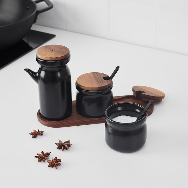 IKEA HULDHET spice jar with tray, set of 3, ceramic/black, 3 pack, Ikea Ireland | 4915FSYRX
