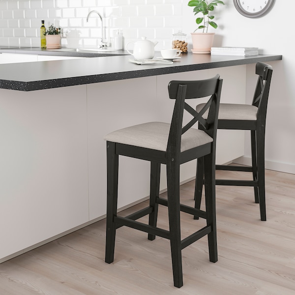 IKEA INGOLF bar stool with backrest, brown-black/Nolhaga gray-beige, 25 5/8 in, Ikea Ireland | 8270METKW