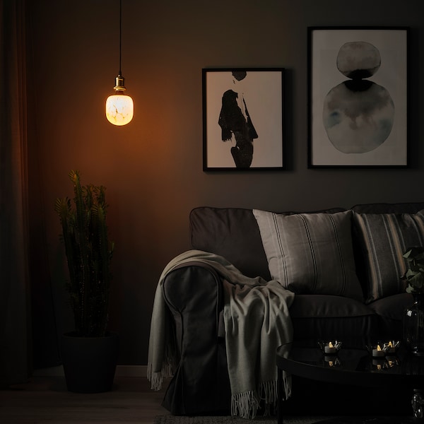 IKEA JÄLLBY / MOLNART pendant lamp with LED bulb, brass plated Tube / Shaped White / Clear Glass, Ikea Ireland | 8153IELAZ
