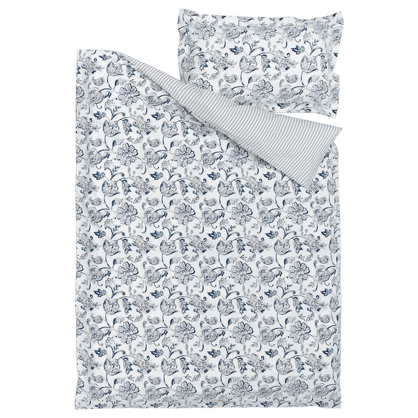 IKEA JUNIMAGNOLIA duvet cover and pillowcase(s), Twin White / Dark Blue, Ikea Ireland | 4138IPGXY