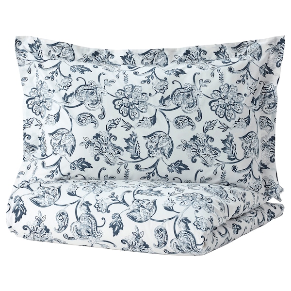 IKEA JUNIMAGNOLIA duvet cover and pillowcase(s), King White / Dark Blue, Ikea Ireland | 4295GUPLS