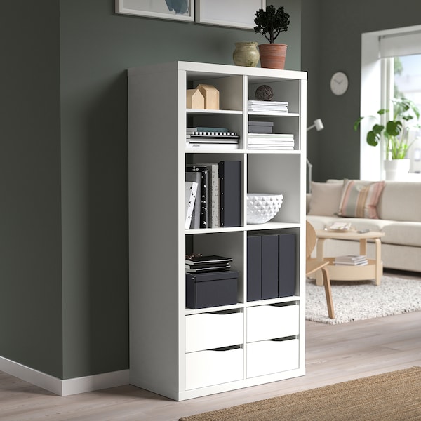 IKEA KALLAX shelving unit, with 4 drawers with 2 shelf inserts, 57 7/8x30 3/8 in Wave Shaped White, Ikea Ireland | 8975QZFVJ