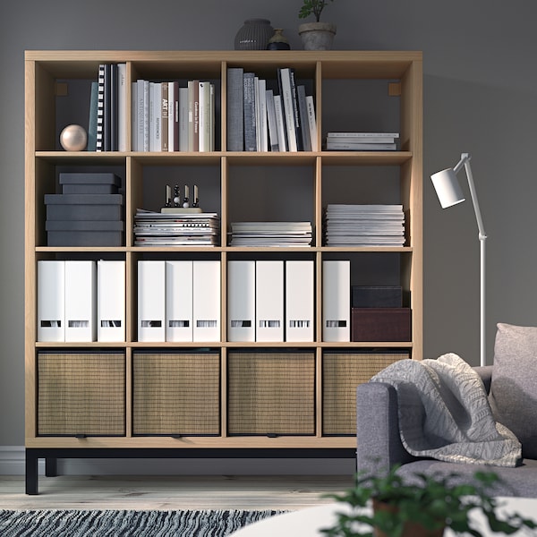 IKEA KALLAX shelving unit with underframe, 57 7/8x64 5/8 in White Stained Oak Effect / Black, Ikea Ireland | 7120QZYVW