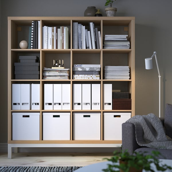 IKEA KALLAX shelving unit with underframe, 57 7/8x64 5/8 in White Stained Oak Effect / White, Ikea Ireland | 7036NQODU