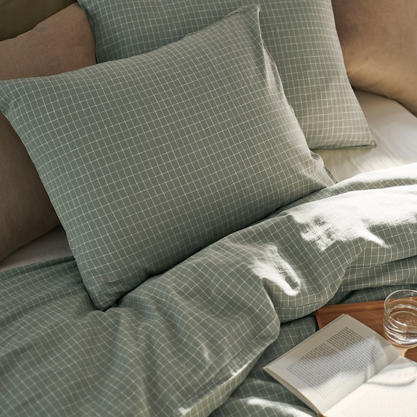 IKEA ÅKERFIBBLA duvet cover and pillowcase(s), check, Full/Queen (Double/Queen) Blue / Green White, Ikea Ireland | 2548XSPQC