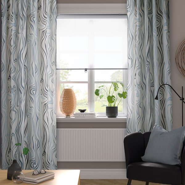 IKEA KLIPPNEJLIKA curtains, 1 pair, white/blue, 57x98 in, Ikea Ireland | 6507ETGXP