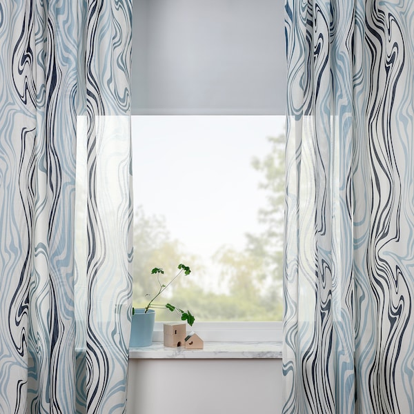 IKEA KLIPPNEJLIKA curtains, 1 pair, white/blue, 57x98 in, Ikea Ireland | 6507ETGXP