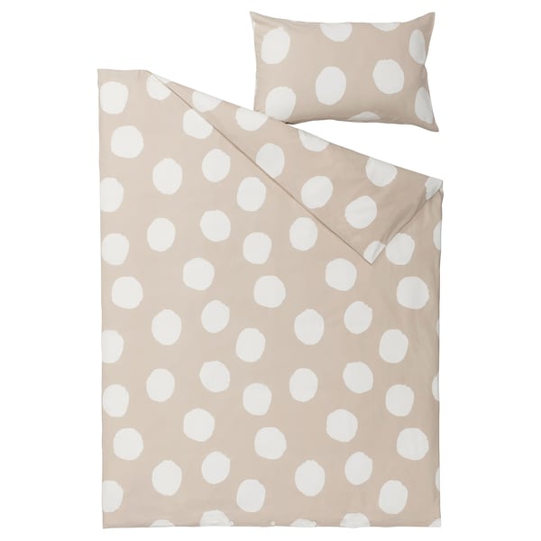 IKEA KLYNNETÅG duvet cover and pillowcase(s), Twin Beige / White / Dotted, Ikea Ireland | 8736RKJNS