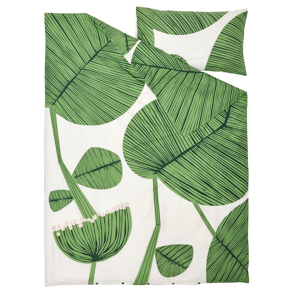 IKEA KUNGSCISSUS duvet cover and pillowcase(s), Twin White / Green, Ikea Ireland | 0513SAYUG