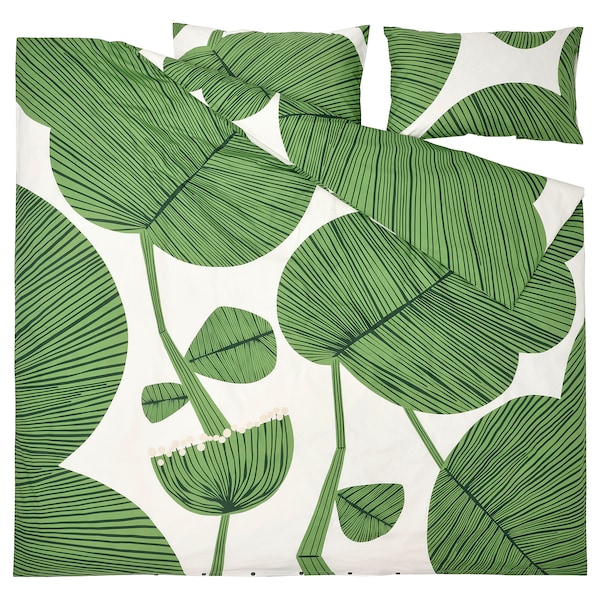 IKEA KUNGSCISSUS duvet cover and pillowcase(s), King White / Green, Ikea Ireland | 8156JDPGO