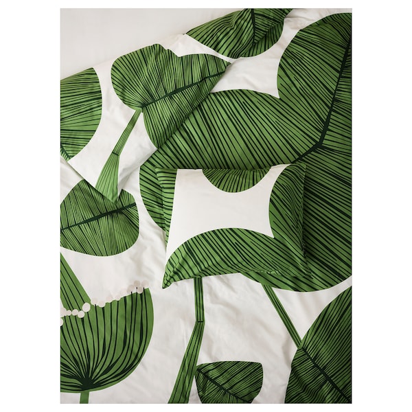 IKEA KUNGSCISSUS duvet cover and pillowcase(s), King White / Green, Ikea Ireland | 8156JDPGO