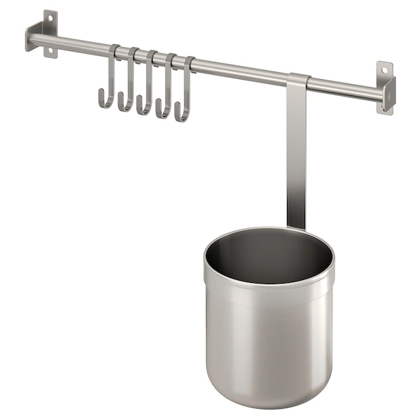 IKEA KUNGSFORS rail with 5 hooks and 1 container, stainless steel, 15 3/4 in, Ikea Ireland | 2316LAQEO