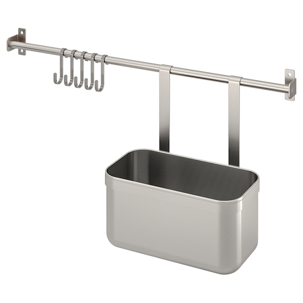 IKEA KUNGSFORS rail with 5 hooks and 1 container, stainless steel, 22 in, Ikea Ireland | 8912CFLZA