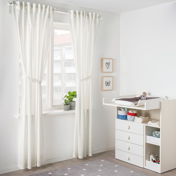 IKEA LEN Curtains with tie-backs, 1 pair, dotted, white, 47x98 in, Ikea Ireland | 2503PONHZ