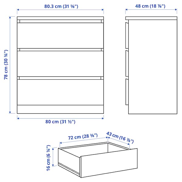 IKEA MALM 3-drawer chest, 31 1/2x30 3/4 in Black / Brown, Ikea Ireland | 9213PBFAO