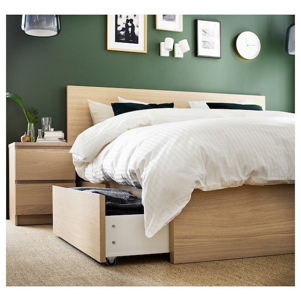 IKEA MALM high bed frame/2 storage boxes, Queen White Stained Oak Veneer, Ikea Ireland | 0175NMLSK