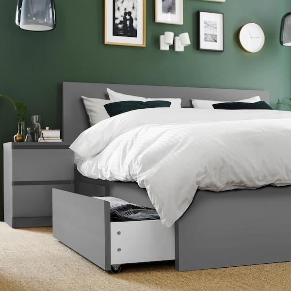 IKEA MALM high bed frame/2 storage boxes, Full Gray Stained, Ikea Ireland | 5320MTJBW