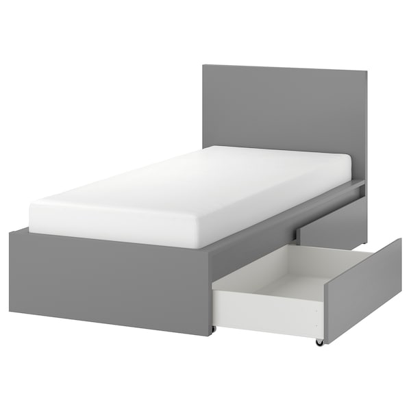 IKEA MALM high bed frame/2 storage boxes, Twin Gray Stained / Luröy, Ikea Ireland | 1635CEWHI