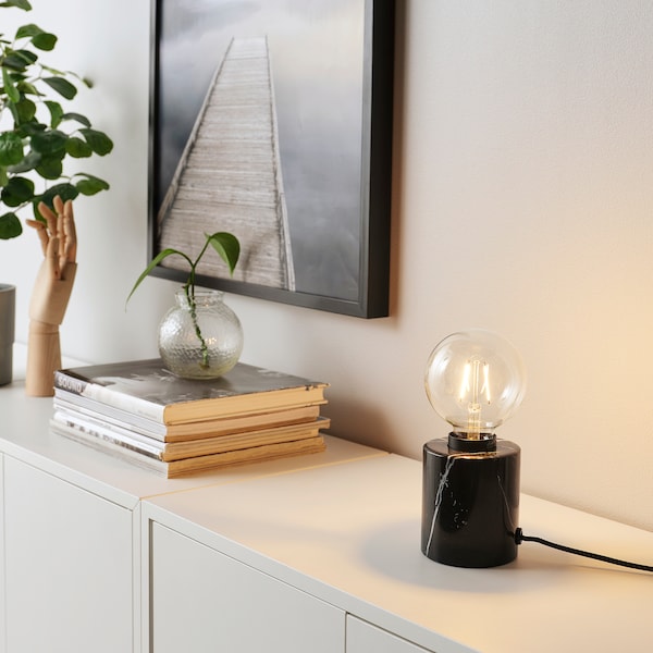 IKEA MARKFROST / LUNNOM table lamp with LED bulb Marble Black / Globe Clear, Ikea Ireland | 5391PIDXA