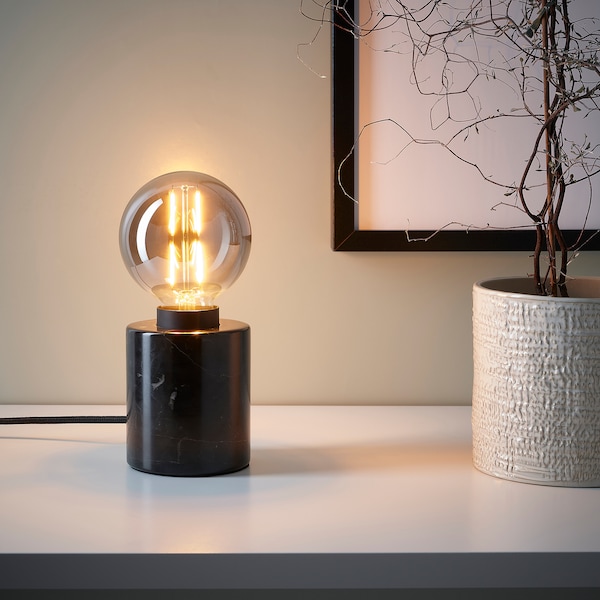 IKEA MARKFROST / MOLNART table lamp with LED bulb, marble black/gray clear glass, 4 in, Ikea Ireland | 3826CFWIH