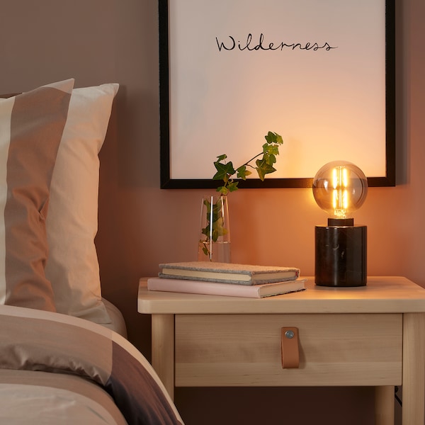 IKEA MARKFROST / MOLNART table lamp with LED bulb, marble black/gray clear glass, 4 in, Ikea Ireland | 3826CFWIH