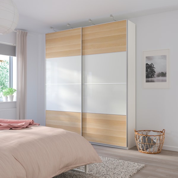 IKEA MEHAMN 4 panels for sliding door frame, 39 3/8x92 7/8 in White Stained Oak Effect / White, Ikea Ireland | 2169DRABV
