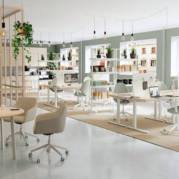 IKEA MITTZON desk, 55 1/8x23 5/8 in Birch Veneer / White, Ikea Ireland | 8925YMCDS