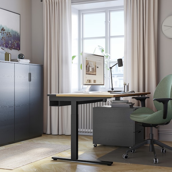IKEA MITTZON desk, 63x23 5/8 in Oak Veneer / Black, Ikea Ireland | 0157YJLNQ