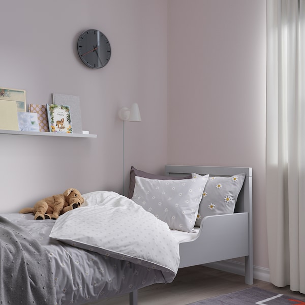 IKEA NATTSLÄNDA duvet cover and pillowcase(s), floral pattern, Twin Gray / White, Ikea Ireland | 0127RUDGI