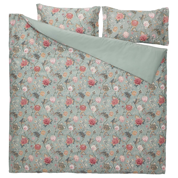 IKEA NÄSSELKLOCKA duvet cover and pillowcase(s), Full/Queen (Double/Queen) Light Gray / Green / Multicolor, Ikea Ireland | 3187QJOYU
