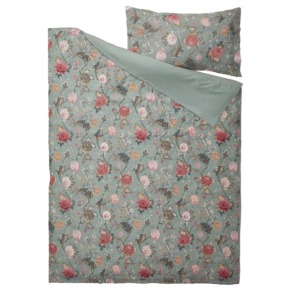 IKEA NÄSSELKLOCKA duvet cover and pillowcase(s), Twin Light Gray / Green / Multicolor, Ikea Ireland | 9546RQWJT
