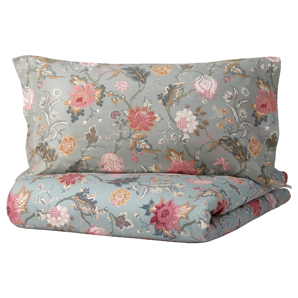 IKEA NÄSSELKLOCKA duvet cover and pillowcase(s), Twin Light Gray / Green / Multicolor, Ikea Ireland | 9546RQWJT