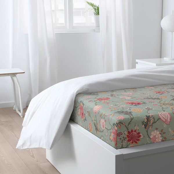 IKEA NÄSSELKLOCKA fitted sheet, Twin Light Green Gray / Multicolor, Ikea Ireland | 8194RFHMT