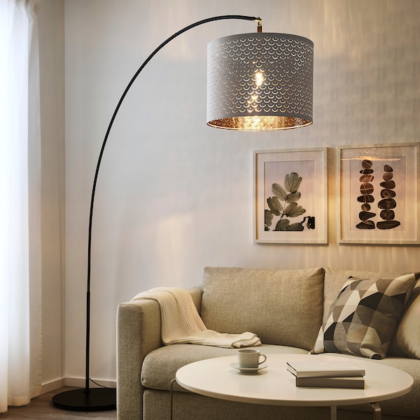IKEA NYMÖ / SKAFTET floor lamp base w light blb, arched, white/brass color, Ikea Ireland | 8376YNAUS