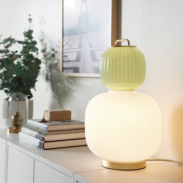 IKEA PILBLIXT table lamp, white/light green glass/gold effect metal, 16 in, Ikea Ireland | 4935VKFDU