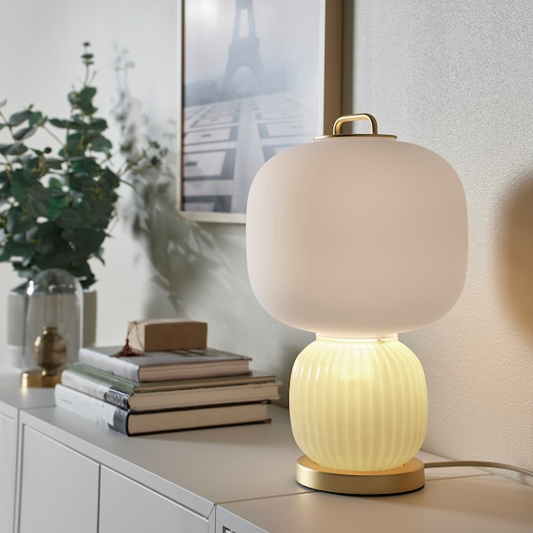 IKEA PILBLIXT table lamp, white/light green glass/gold effect metal, 16 in, Ikea Ireland | 4935VKFDU